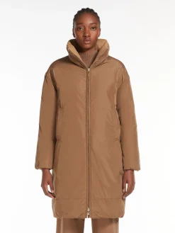Long, reversible camel colour down jacket
