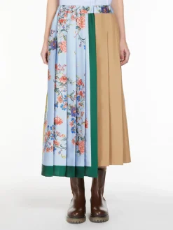 Printed canvas and twill midi skirt