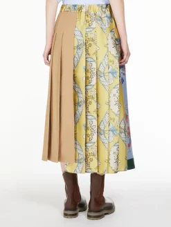 Printed canvas and twill midi skirt