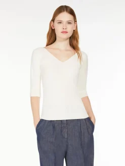Rib-knit viscose V-neck sweater