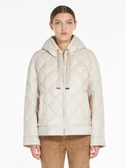 Short, reversible down jacket in water-repellent canvas