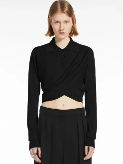 Wool sweater with crossover drape detail